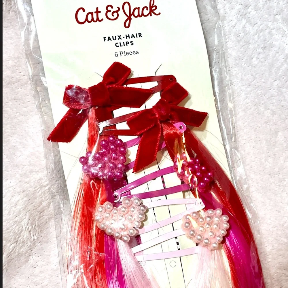 💘 Cat & Jack Valentine Faux Hair Clip-Ins + Heart Clips | NWT